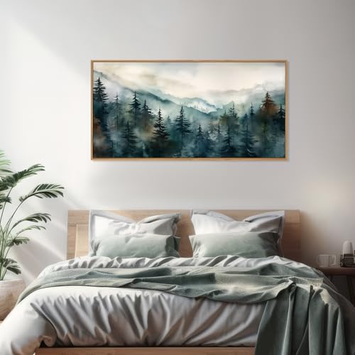Image of KAIRNE Watercolor Misty Forest Framed Canvas Wall Art Set, Nature Landscape Wall Decor, Foggy Mountain Pine Trees Wall Painting, Jungle Scenery Artwork for Living Room, Bedroom, Office-40 x20 x1