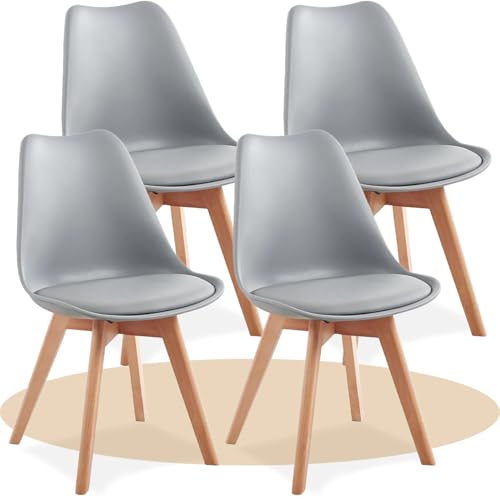Dekohome Pack de 4 Sillas de Comedor, Sillas de Cocina con Respaldo Ergonómico, Asiento Acolchado Tapizado y Patas de Madera Maciza de Haya, Gris