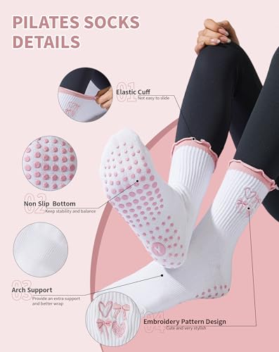 Image of Yawlsow Cute Pilates Grip Socks for Women Ruffle Frilly Yoga Socks Non Slip Cotton Crew Grippy Sock for Barre Workout