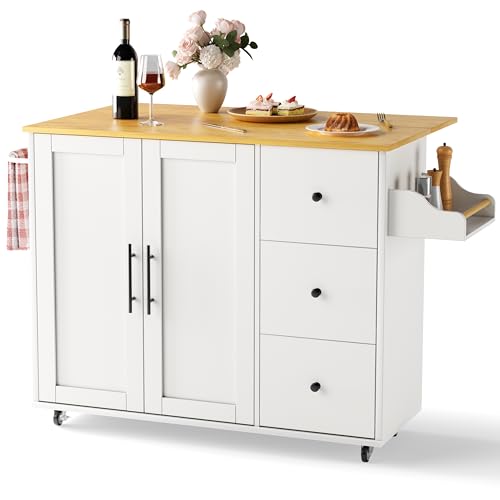 GRUSIGN 49.6" Kitchen Island on Wheels with Storage-Multifunctional Kitchen Island Cart with Drop Leaf, Rolling Island with Spice/Towel Rack,Expandable Island Table Kitchen,White