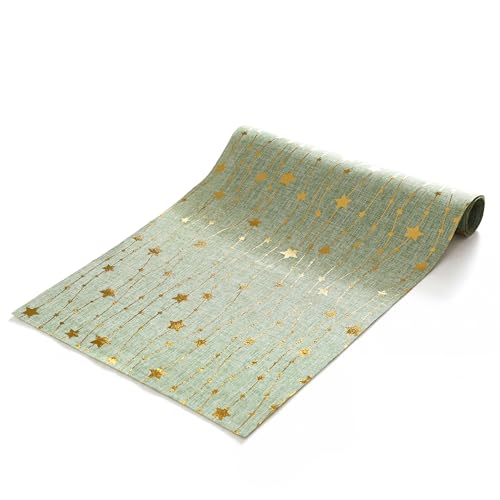 Artoid Mode Gold Stars Sage Green Burlap Table Runner 12x90 Inch, Glitter Metallic Foil Dining Wedding Anniversary Holiday Birthday Table Decor for Home Party