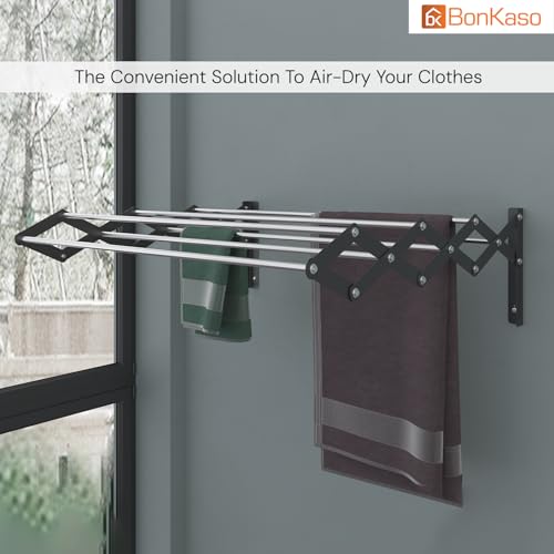 Image of BonKaso Multi 7 Rod Foldable Clothes Drying Stand | Heavy Duty, Rust-Free, Stainless Steel, Wall Mounted Cloth Dryer Rack for Indoor & Outdoor | Expandable (2 Feet) (61D x 62W x 19H cm)