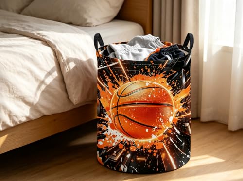 Image of ESSME Basketball Laundry Basket,Sport Hamper Collapsible Canvas Waterproof Storage Bin, Cute Hamper,Gift Baskets(Basketball)