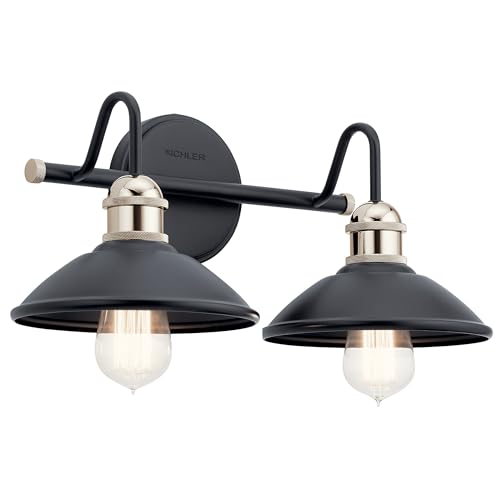 Image of Kichler Clyde 2-Light Bathroom Vanity Light Fixture with Vintage Industrial Design, Black Finish for Bathrooms Over Mirror (7.25 inch H x 17 inch W x 8.25 inch Ext.), 45944BK