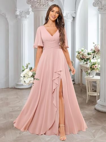 Sukleet Women's V Neck Flutter Sleeve Bridesmaid Dress Long for Wedding Ruffled Chiffon Formal Dress with Slit3