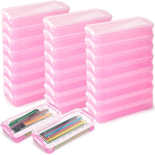 Image of Gueevin 24 Pcs Large Capacity Plastic Pencil Box Clear Plastic Pencil Case Crayon Box with Snap Tight Lid Watercolor Pen Storage Brush Organizer Drawing Tools Container (Light Pink)