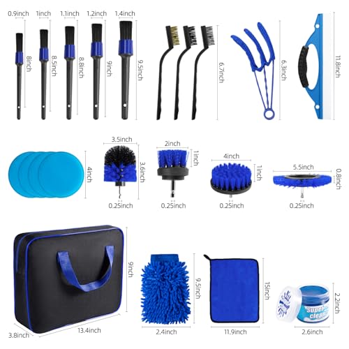 Carehabi Kit Nettoyage Voiture, 22 Pièces Kit de Nettoyage pour Voiture pour l'intérieur et l'extérieur, Brosse de Nettoyage, l'éponge pour l'air Conditionné les Pneus les Vitres le Polissage – Image 3