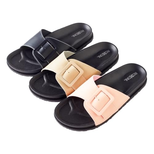 Roxoni Women's Open Toe Big Adjustable Strap Slide Sandals - Stylish and Comfortable Slip-Ons with Wide Strap Design3