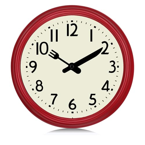 Lafocuse 24cm Horloge Murale Cuisine Vintage Design, Silencieuse Rouge Pendule Murale Rétro sans Tic-tac pour Restaurant Salle a Manger Café