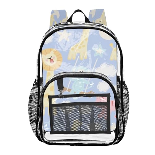 Funny Monkey Giraffe Lilac Blue Clear Backpacks For Kids Clear Book Bags For Teens See Through Heavy Duty Back Pack