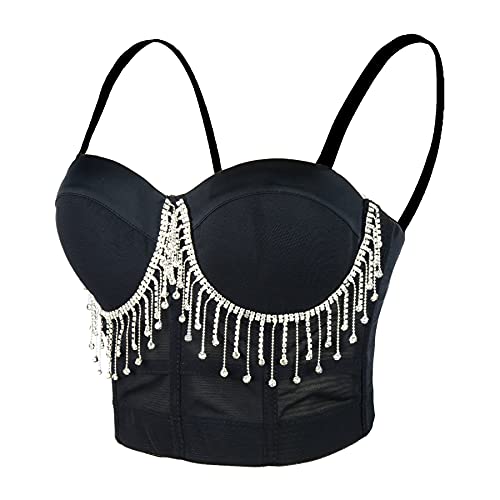 ELLACCI Damen Quaste Strass Diamant Bustier Crop Top Mesh Korsett Tops Schwarz - Schwarz - Small Cover