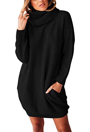 Sovoyontee Women's Black Long Sleeve Baggy Oversized Turtleneck Pullover Sweater Dress with Pockets XL