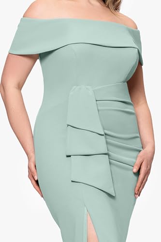 Image of Xscape Women's Plus Size Off Shoulder Straight Neck Evening Gown with Foldover Cuff, Side Ruffle, Leg Slit, Fitted Formal Dress, Sage, 18W