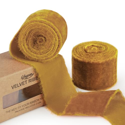 Keypan Gold Velvet Ribbon for Christmas 1-1/2 Inch Wide Handmade Fringe Fabric Ribbons for Gift Wrapping Baby Shower Flower Bouquet 3 Ydars