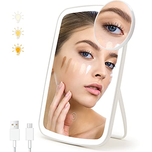 SGUTEN Makeup Mirror Small Desk Mirror with Lights & Magnification, Table Mirror with 10X Magnifying as Travel Mirror, Folding Portable Lighted Vanity Mirror with Lights for Home & Travel, White