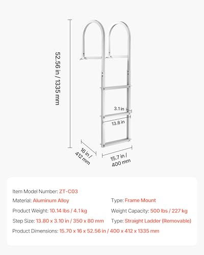 Image of VEVOR Removable Dock Ladder 3 Steps, 500lbs Load Capacity, Aluminum Swim Ladders, Pontoon Boat Ladder with Rubber Mat for Lake, Marine Boarding, Pool