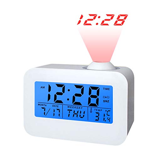 FUNRUI Reloj de alarma con retroiluminación LED digital, Reloj de alarma de proyección silenciosa con función de despertador de temperatura del calendario