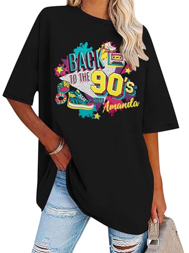 90er Jahre Outfit Damen Party 90er Jahre Kostüm Vintage 90s Tshirt Karneval Fasching Neon Oberteile Schwarzes Retro Nostalgie Kleidung Disco Rock Musik Tshirt Geschenk für Frauen