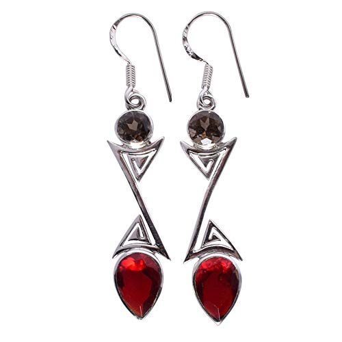 Boucles d'oreilles pendantes argent 925 quartz fumé rouge forme poire
