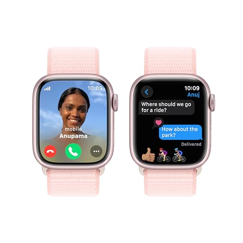 Image of Apple Watch Series 9 [GPS + Cellular 41mm] Smartwatch with Pink Aluminum Case with Light Pink Sport Loop One Size. Fitness Tracker, Blood Oxygen & ECG Apps, Always-On Retina Display, Water Resistant
