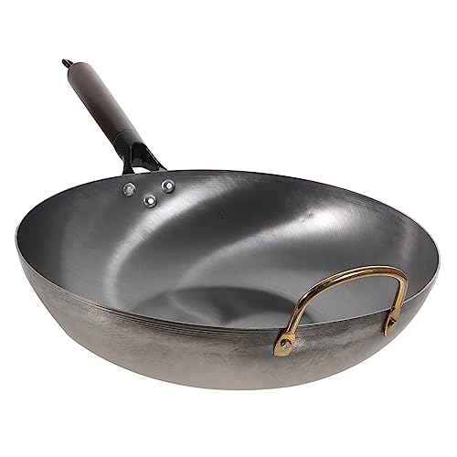 Wok de hierro con fondo plano y mango de madera miniatura 1