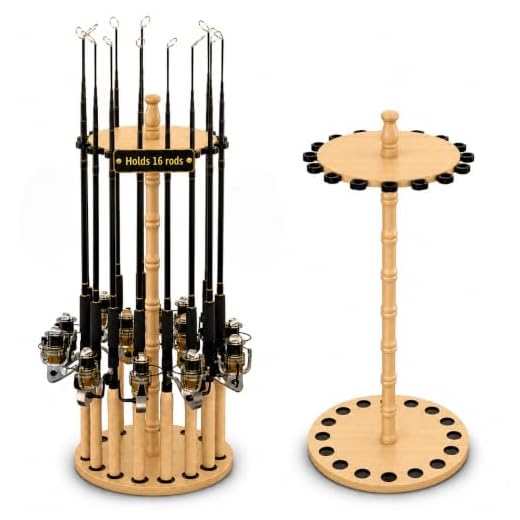 Rush Creek Creations Round 16 Fishing Rod Storage Rack - Features Traditional Handcrafted Wood Post - No Tool Assembly, Wood Grain Laminate