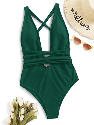 Sweatyrocks Women's Sexy Basic Criss Cross Tie Knot Front Deep V Open Back One Piece Swimwear Dark Green M #TOP12