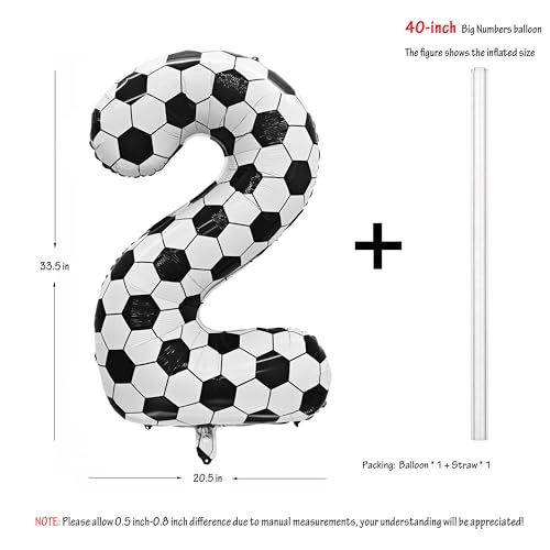 Image of Black White Soccer Number 2 Balloon 2nd Birthday Decoration 40in 2 Balloon | Helium Foil Mylar Balloon World Cup Football Sports Theme Favors for Birthday Party Anniversary Decorations Supplies