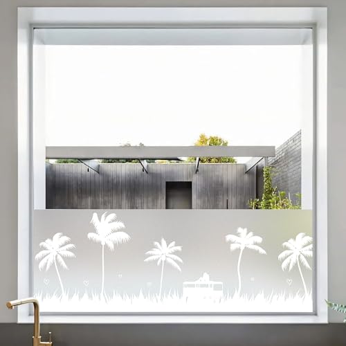 dktie Fensterfolie Blickdicht Sichtschutzfolie Fenster Milchglasfolie Kokospalmen und Gras Statische Aufkleber ohne Klebstoff Wiederverwendbar Geeignet für Wohnzimmer, Schlafzimmer, Küche 44.5x200cm