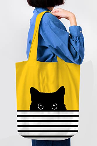 Cute Canvas Tote Bag - Cat Gifts For Women - Black Cat Gifts For Cat Lovers - Cat Mom Gifts - Birthday Bags For Cat Lover Gifts - Reusable Cat Tote Bag - Large Book Tote Bag (Yellow Cat) #TOP1