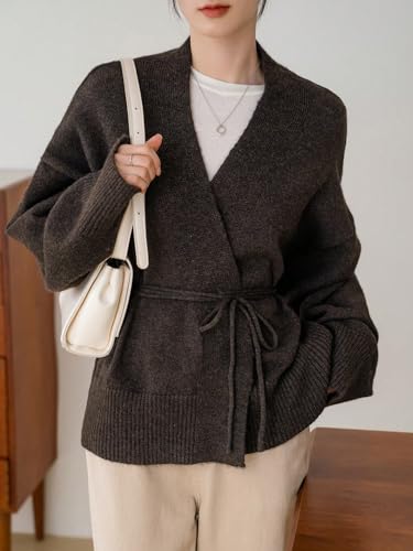 Image of WDIRARA Women's Wrap Long Sleeve Tie Front Cardigan | V Neck, Belted Sweater, Casual, Long Sleeve, Tie Waist, Knit Top