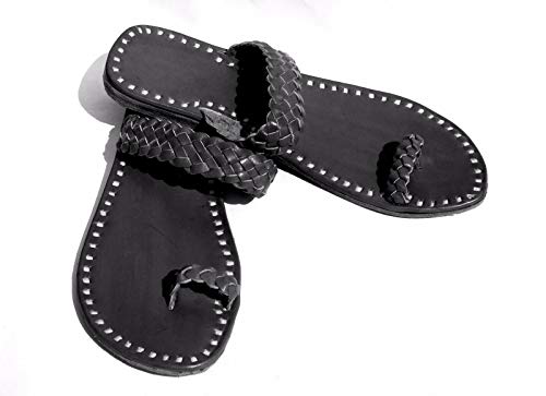 Zenith_Leather Black Mens Kolhapuri Slippers Ethnic Flip Flop Slippers Indian Traditional Slippers Natural Leather Chappal (Size:- 8)