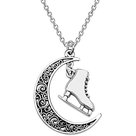 BEKECH Skater Necklace Ice Skate Necklace Ice Skate Charm Crescent Moon Pendant Necklace Figure Skating Team Sport Skater Jewelry Skate Lover Gift Cover