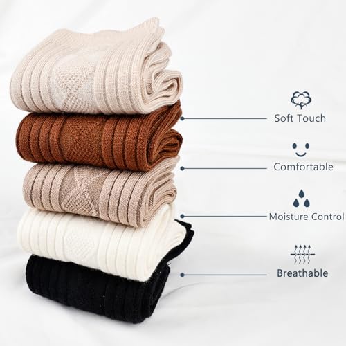 Image of Mcool Mary Womens Crew Socks,Retro Casual Knit Cotton Comfy Breathable Dress Socks for Ladies 5 Pairs