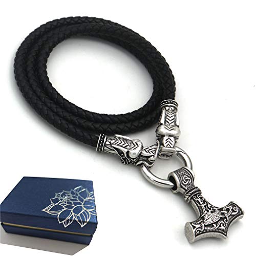 BBYaki 3D Drache Kopf Odins Thor 'S Hammer Anhänger Halskette Mjölnir, Viking Anhänger Mythologie, Leder Kette,70cm Cover