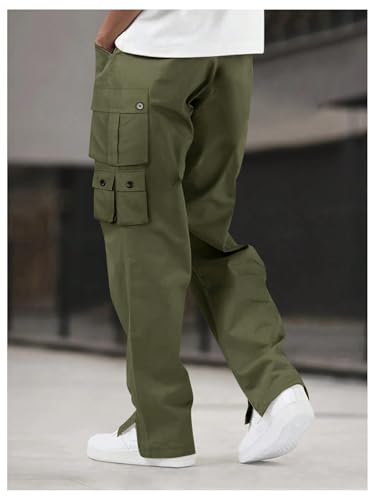 OYOANGLE Men's Drawstring Waist Flap Pocket Slit Hem Cargo Pants Outdoor Casual Trousers2