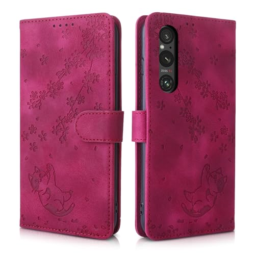 CXTcase Etui Coque pour Sony Xperia 1 V, Protection Housse en Cuir PU Etui à Rabat Pochette de Portefeuille Compatible avec Sony Xperia 1 V, Rosé Rouge