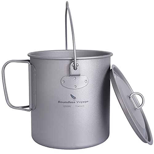 Boundless Voyage チタン マグカップ 750-1250ml チタンクッカー 調理【直火可】Ti 軽量コンパクト収納 ポータブル 折り畳み式シングルマグ ソロ アウトドアキャンプ用品 料理器具 収納バッグ付き (1250ml マグポット) Ti3042D