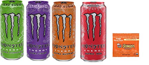 Monster Energy Drink Zero Ultra Variety - Paradise, Violet, Sunrise, Red 16 ounce (Pack of 16) and Stinger Chews (Assorted)