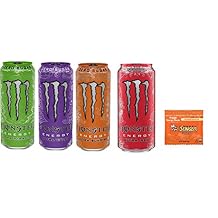 Monster Energy Drink Zero Ultra Variety - Paradise, Violet, Sunrise, Red 16 ounce Pack of 16 and Stinger Chews Assorted