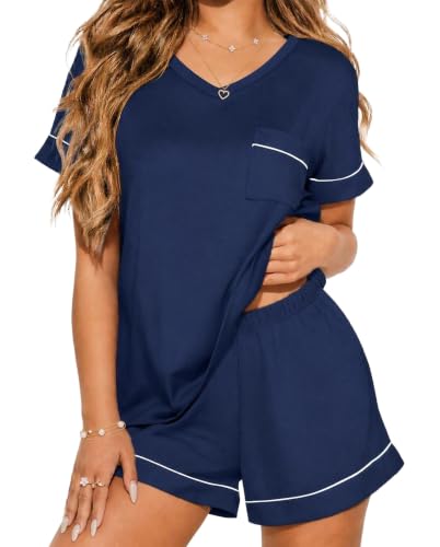 Image of Ekouaer Pajama Sets for Women 2 Piece Short Sleeve Lounge Shorts Set