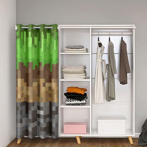 Miners Pixel Checked Kids Door Curtain,Video Games Check Lattice Blackout Curtain,Game Cartoon Gamepad Bedroom Doorway Living Room Decor,Gray Green Brown Privacy Door Drape 1 Panel,60" W X 80" L - Thumbnail 2