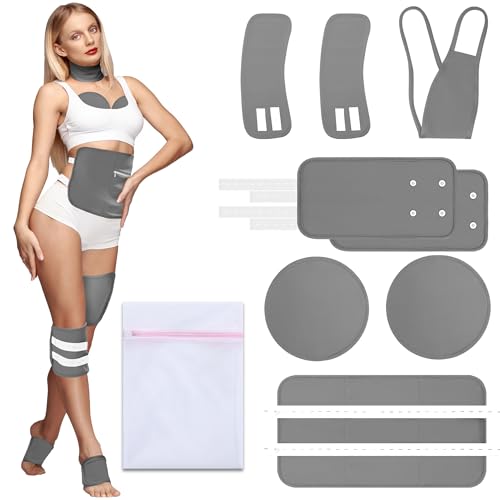 9 Pcs Castor Oil Pack Wrap Organic Cotton for Stomach Liver Detox Belly Feet Knee Neck Breast, Reusable Castor Oil Pads Kit for Hot/Cold Compress with Adjustable Elastic Strap & Laundry Bag