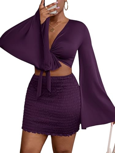 Image of LYANER Women 2 Piece Vacation Outfits Tie Knot Front Bell Long Sleeve Crop Top and Mini Skirt Summer Set