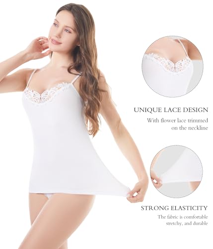 Image of Womens Tank Top Camisoles with Premium Cotton Italian Design - Trimmed with Flower Lace on Neckline