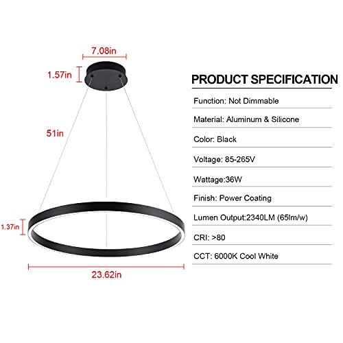 Image of MADEM Modern Black LED Pendant 1-Ring Circular Contemporary Chandelier | Room Decor 23.6'' Flush Mount Pendant Lighting for Living Dining Room Bedroom, 6000K Cool White,Black