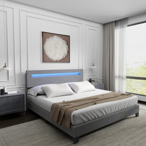Mellcom King Size Bed Frame, Modern Fabric Upholstered Platform Bed With 16 Colors Led And Adjustable Headboard, No Box Spring Needed, Light Gray #TOP25