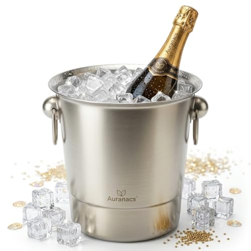 AURANACS Toskana | Weinkühler aus Edelstahl | Eleganter Champagnerkühler mit 4 5L Fassungsvermögen | Sektkühler mit mattierter Oberfläche | Eiskübel mit 2 Griffen | Ø 20cm | Perfekt für Partys