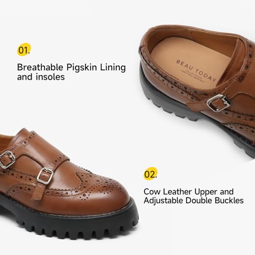 Image of BEAU TODAY Chunky Loafers for Women, Women's Leather Platform Loafers, Lug Sole Tassel Slip On Loafers Shoes Brogues Wingtip Casual Business Shoes Comfortable Dressy