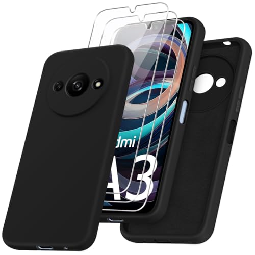 Funda para Xiaomi Redmi A3 con Tres Cristal Templado Protector de Pantalla, Negro Suave Silicona Protectora Carcasa para Xiaomi Redmi A3